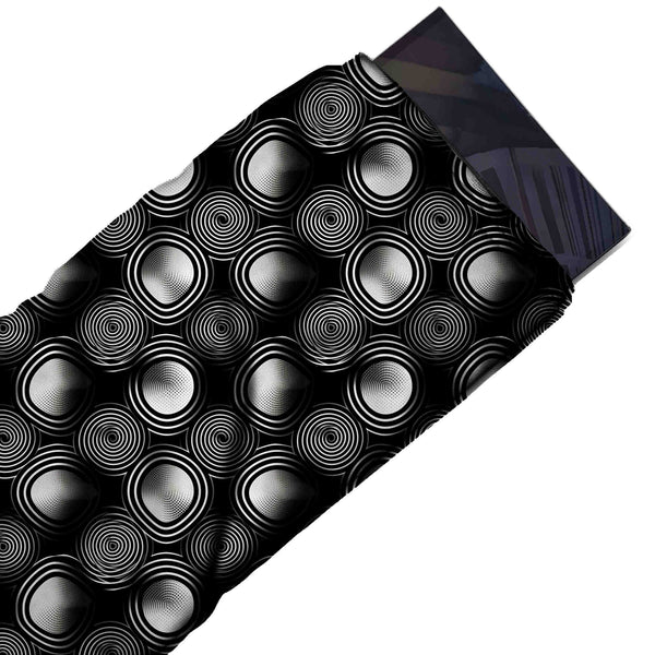 Black & White Ring Orbs & Spirals Printed French Crepe Fabric