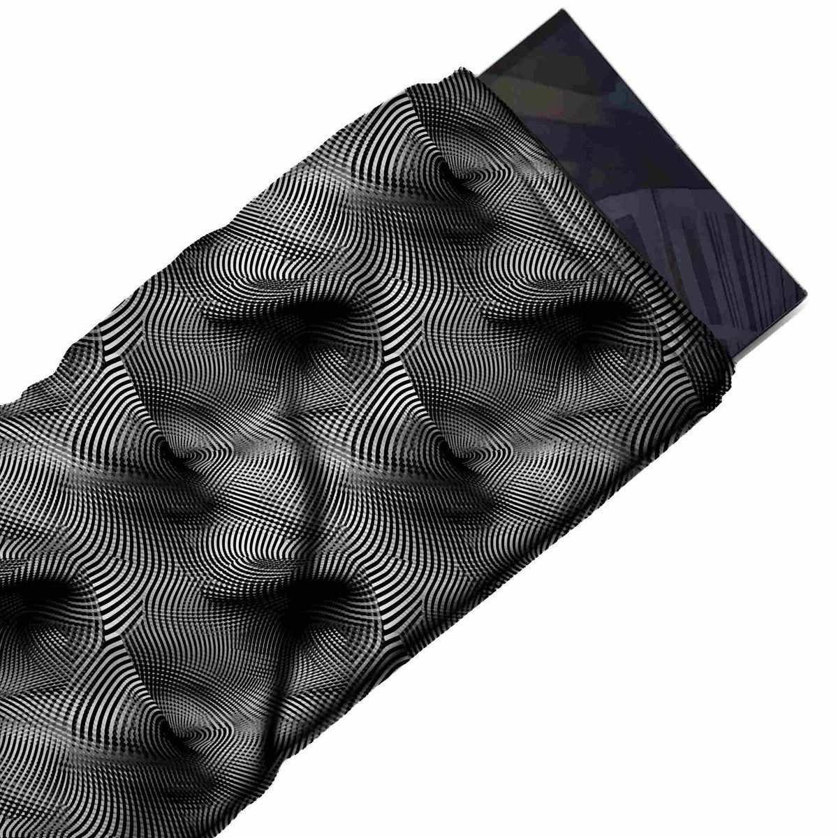 Flat fabric swatch: all-over op-art layout of very fine black and white lines crossing, design Design No_4126, Clothwala