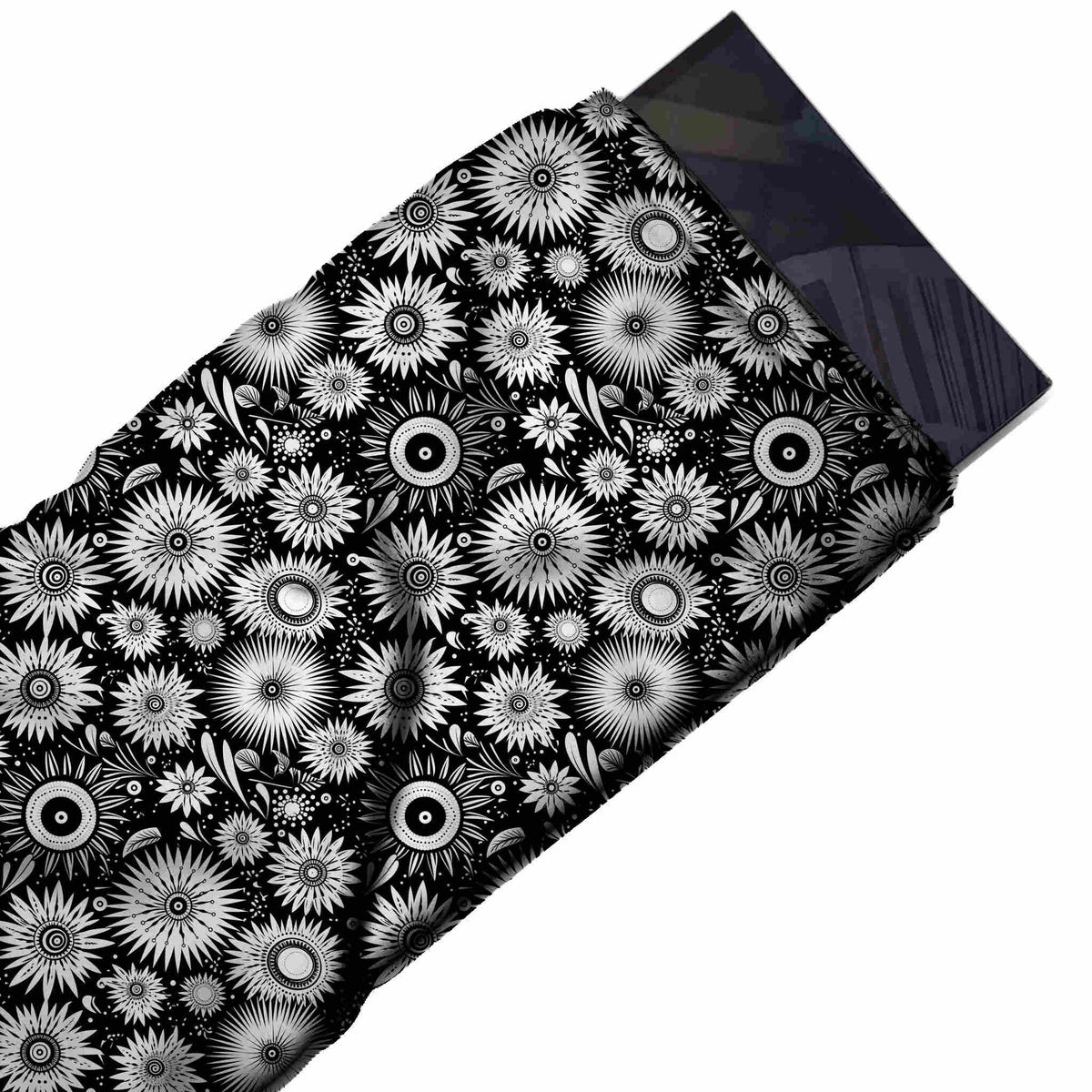 Flat fabric swatch: dense all-over layout of white spiky starburst flower heads in mixed, design Design No_4379, Clothwala