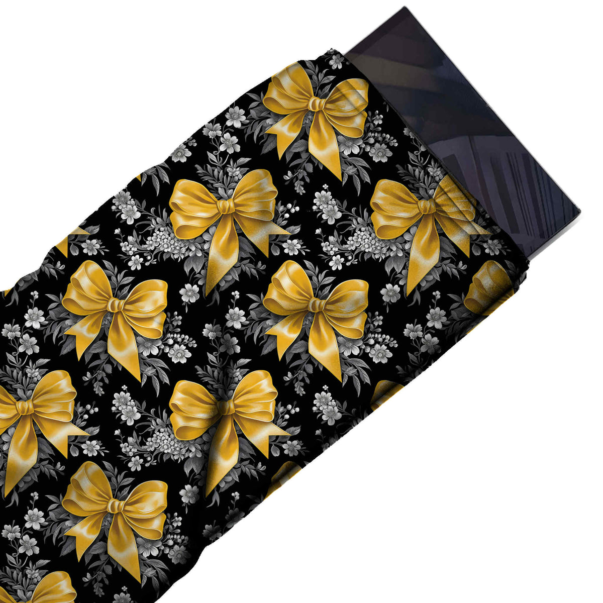 Flat fabric swatch: half-drop repeat of medium glossy yellow satin bows with tails, design Design No_4432, Clothwala