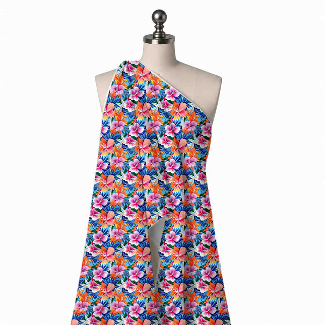 Draped on a mannequin: dense all-over tropical print of medium pink and white hibiscus, design Design No_4487, Clothwala