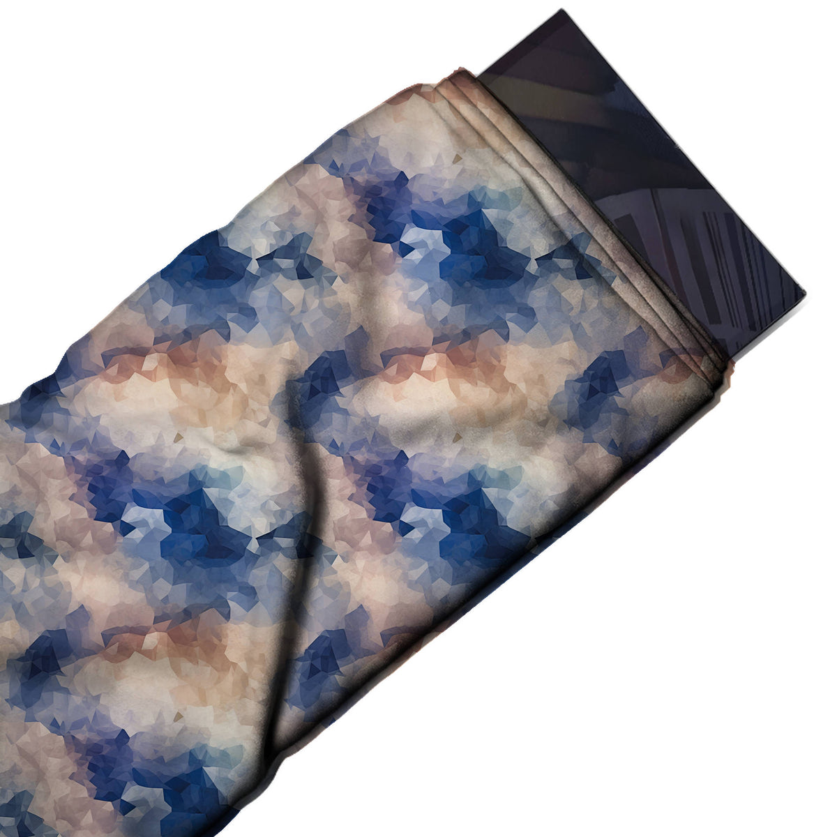 Blush Beige & Royal Blue Low-Poly Cloud Mosaic Printed Moss Crepe Fabric - flat fabric swatch, design Design No_3815, Clothwala