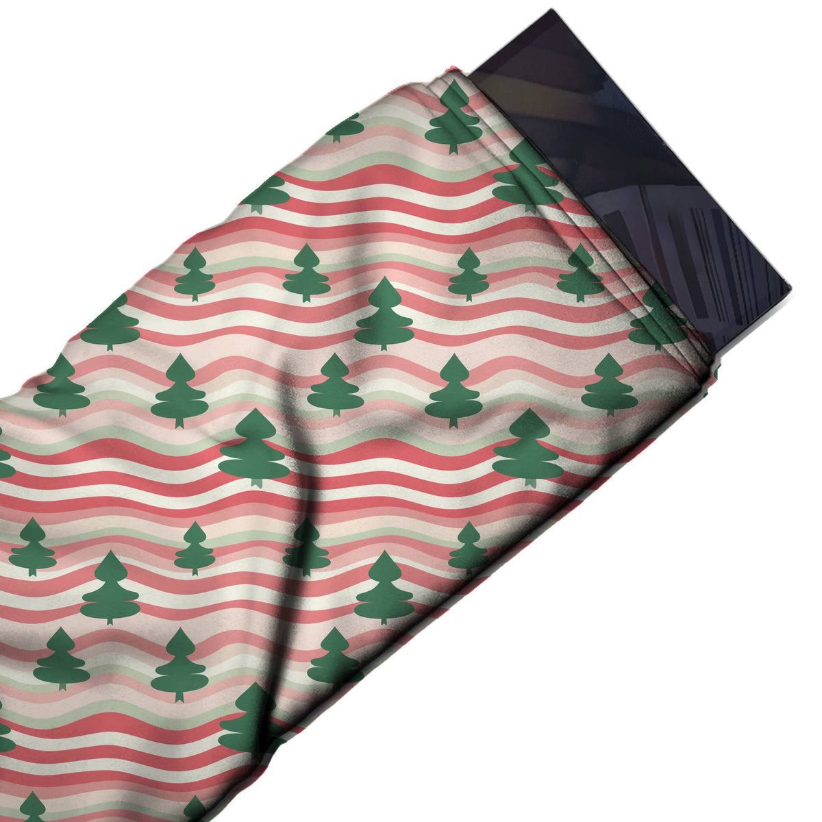 Flat fabric swatch: rows of flat green three-tier fir tree silhouettes in two sizes placed, design Design No_4826, Clothwala