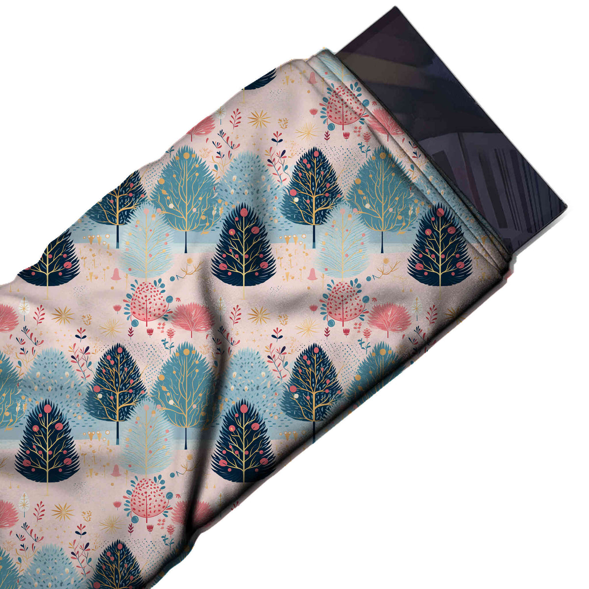 Flat fabric swatch: medium-scale one-way print of stylised rounded trees in navy, design Design No_4917, Clothwala