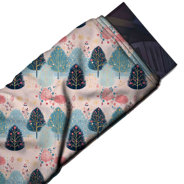 Blush & Navy Blue Scandi Forest Trees Printed Viscose Muslin Fabric