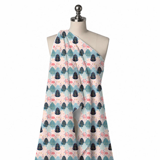 Draped on a mannequin: medium-scale one-way print of stylised rounded trees in navy, design Design No_4917, Clothwala