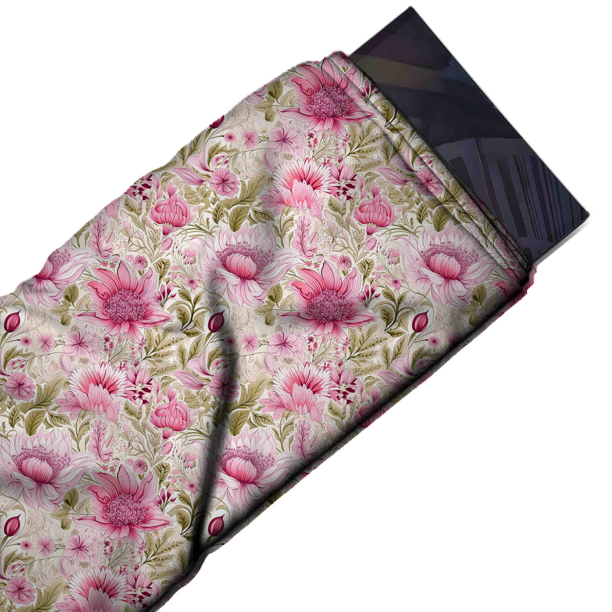 Flat fabric swatch: dense all-over floral of pink and magenta flowers in mixed shapes and sizes, design 3575, Clothwala