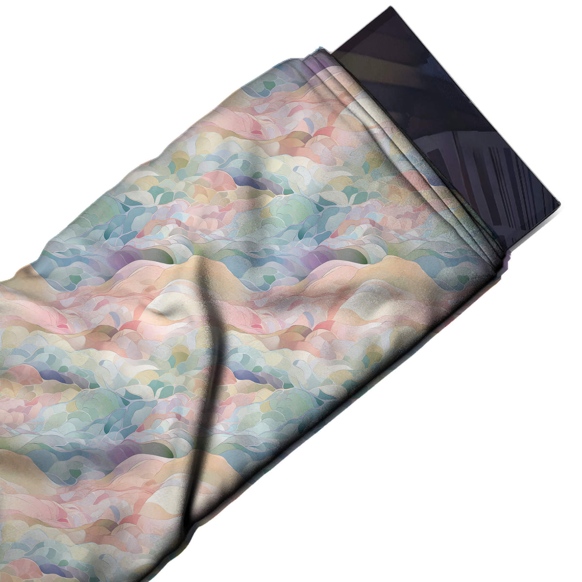 Flat fabric swatch: all-over horizontal bands of large soft watercolour wave and hill, design Design No_4214, Clothwala