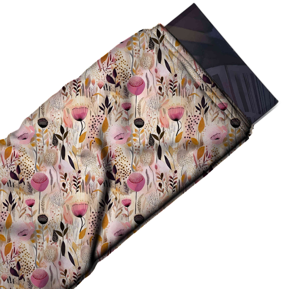 Flat fabric swatch: dense all-over one-way meadow of rose pink poppies, dotted cream seed heads, design 3551, Clothwala