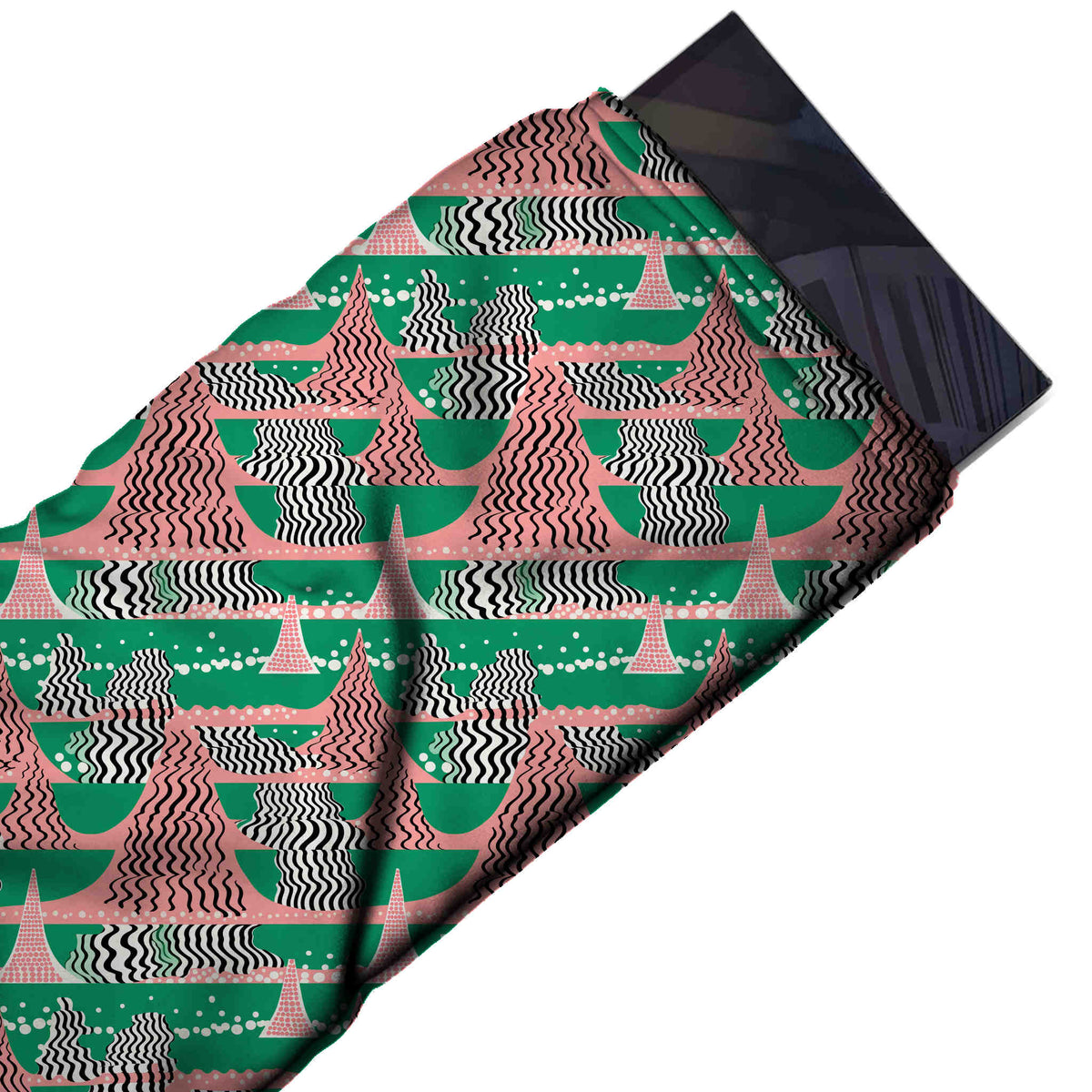 Flat fabric swatch: banded one-way geometric of pink tree-like triangles overlaid with, design Design No_4832, Clothwala