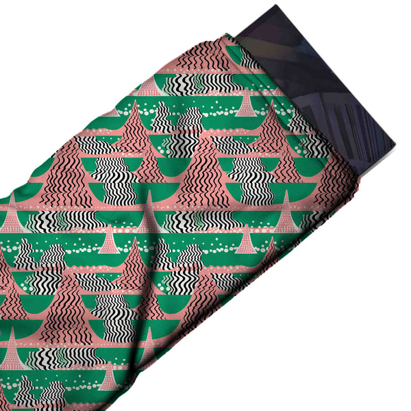 Bright Green & Pink Op Art Triangle Trees Printed Printed American Crepe Fabric Fabric