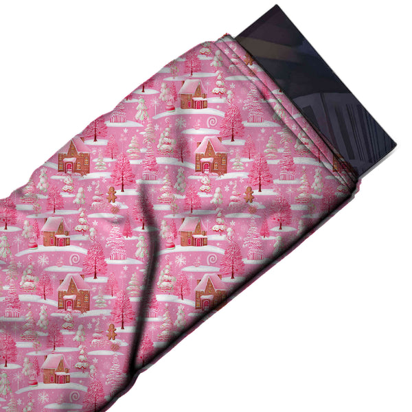 Bright Pink & White Snowy Gingerbread Cottages Printed Viscose Muslin Fabric