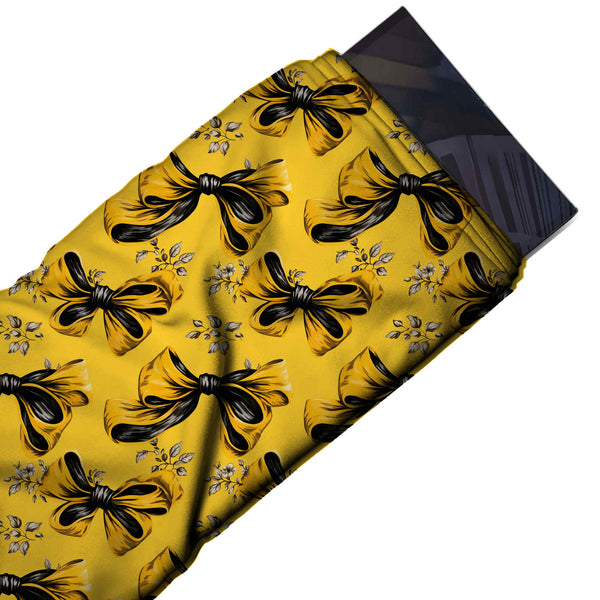 Bright Yellow & Black & Black Bows Printed Pure Natural Crepe Fabric