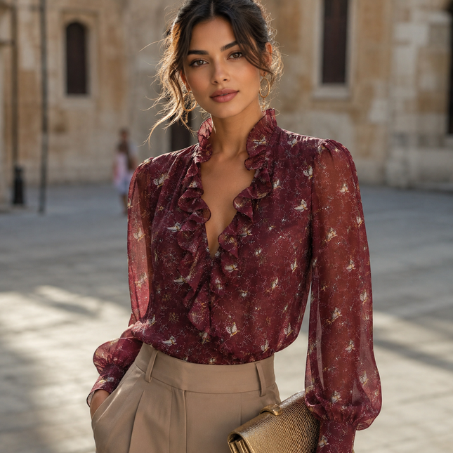 Burgundy & Cream Butterfly & Star Scatter Print Fabric — design 1526CMD28-ABMP/DS-456, Clothwala