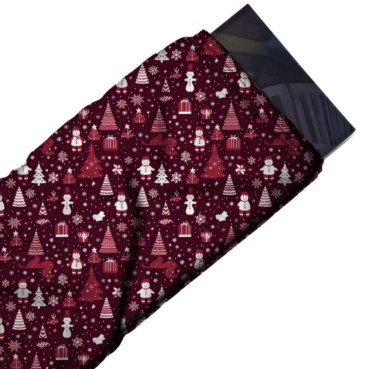 Flat fabric swatch: open scattered festive print of white snowmen and bundled child, design Design No_4631, Clothwala
