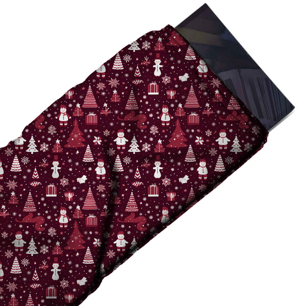 Burgundy & White Snowmen & Striped Trees Printed Pure Natural Crepe Fabric