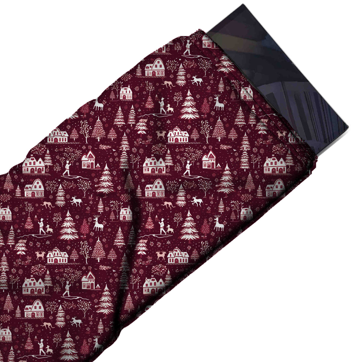 Flat fabric swatch: all-over silhouette scenic print of white farmhouses, design Design No_4614, Clothwala