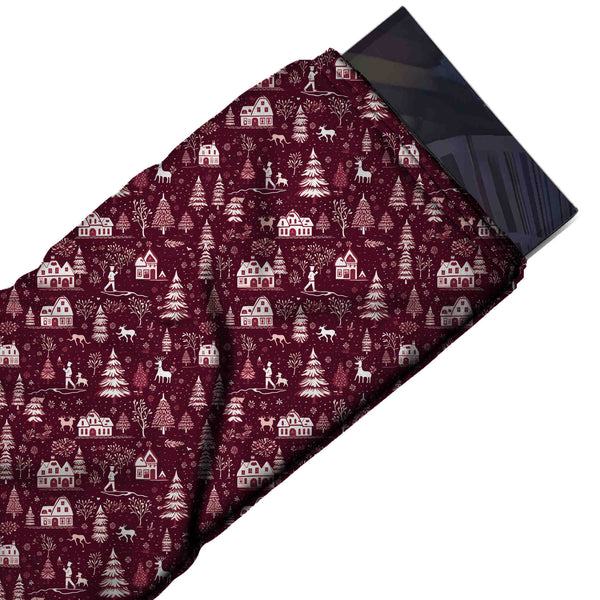 Burgundy & White Winter Village Scene Printed Pure Natural Crepe Fabric