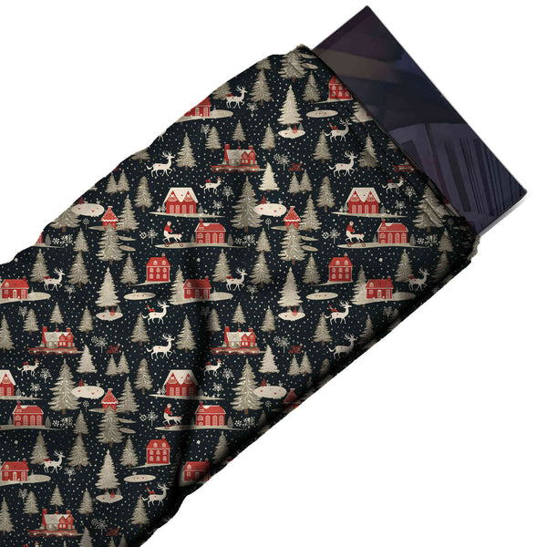 Charcoal Black & Beige Night Village & Reindeer Printed Printed American Crepe Fabric Fabric