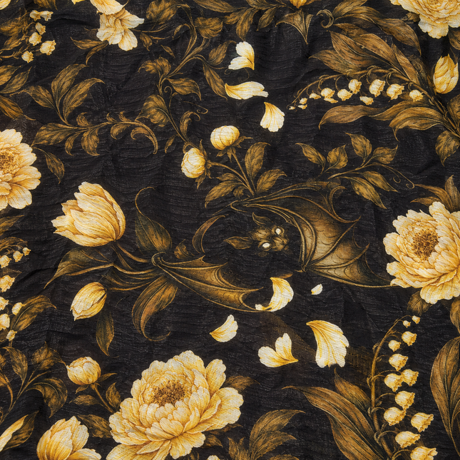 Charcoal Black & Pale Yellow Peony & Bat Floral Print Fabric — design 881C-ABJI/DS-599, Clothwala