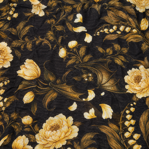 Charcoal Black & Pale Yellow Peony & Bat Floral Print Fabric