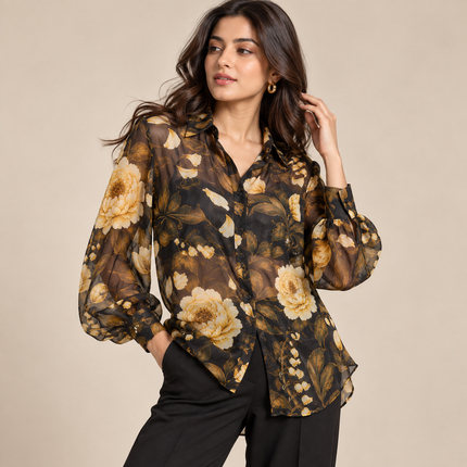 Charcoal Black & Pale Yellow Peony & Bat Floral Print Fabric — design 881C-ABJI/DS-599, Clothwala