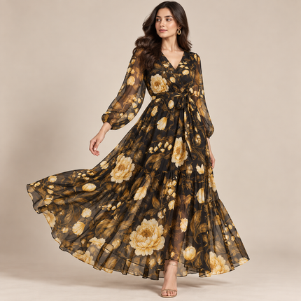 Charcoal Black & Pale Yellow Peony & Bat Floral Print Fabric — design 881C-ABJI/DS-599, Clothwala