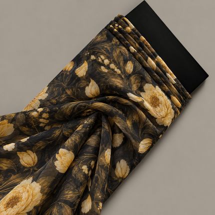 Charcoal Black & Pale Yellow Peony & Bat Floral Print Fabric — design 881C-ABJI/DS-599, Clothwala