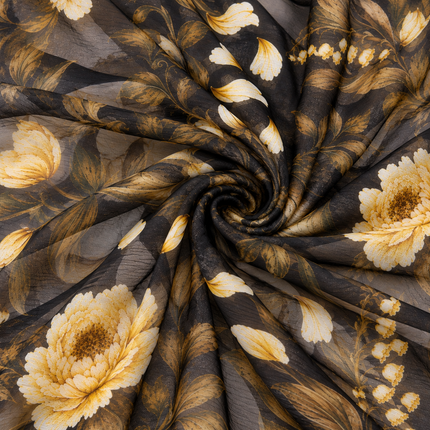 Charcoal Black & Pale Yellow Peony & Bat Floral Print Fabric — design 881C-ABJI/DS-599, Clothwala