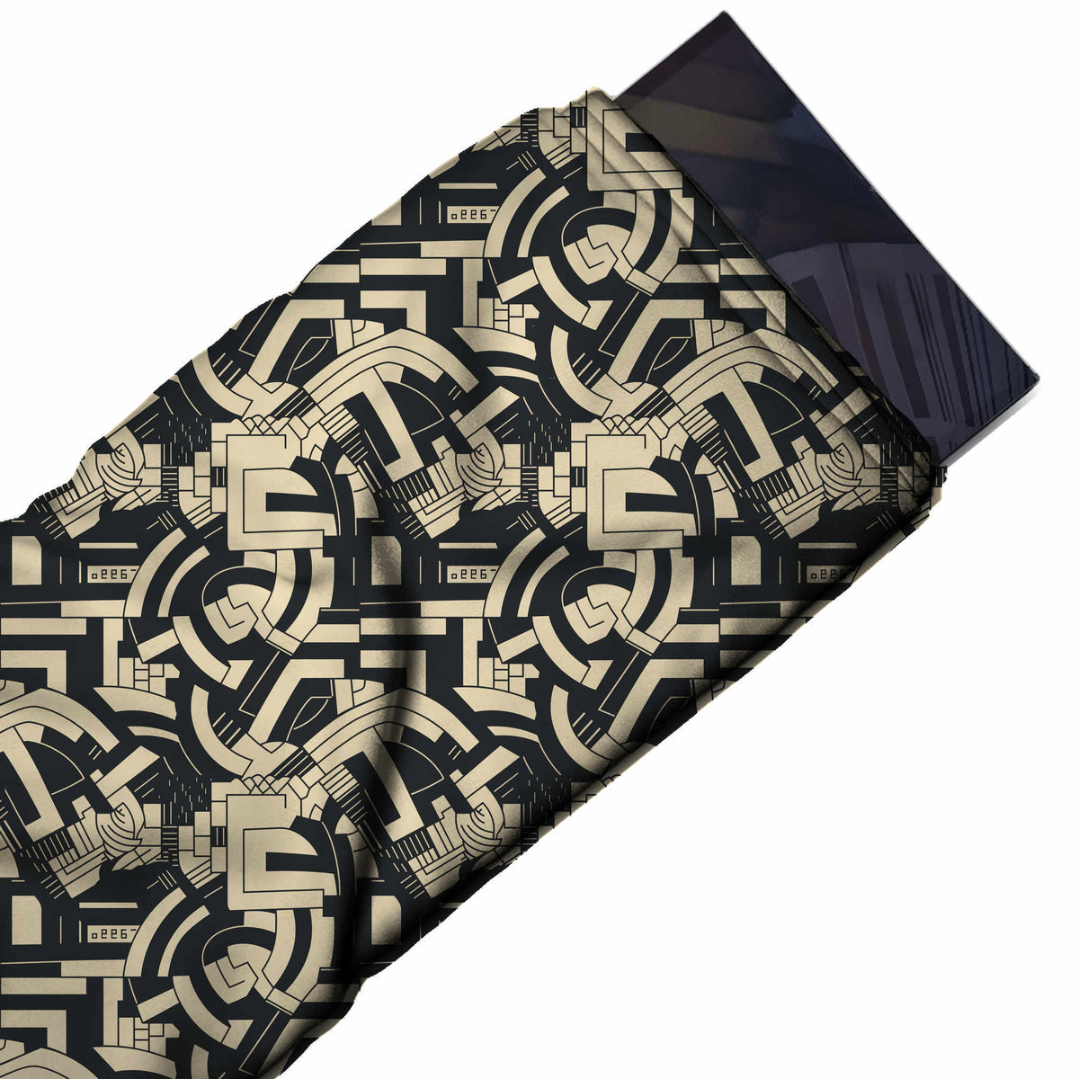 Flat fabric swatch: all-over two-colour geometric of large cream bands, quarter arcs, design 3718, Clothwala