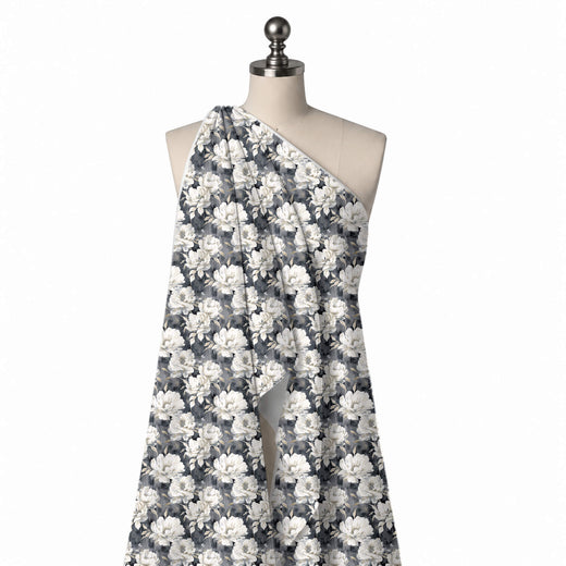 Charcoal Grey & White Monochrome Grey Peonies Printed Crepe Fabric