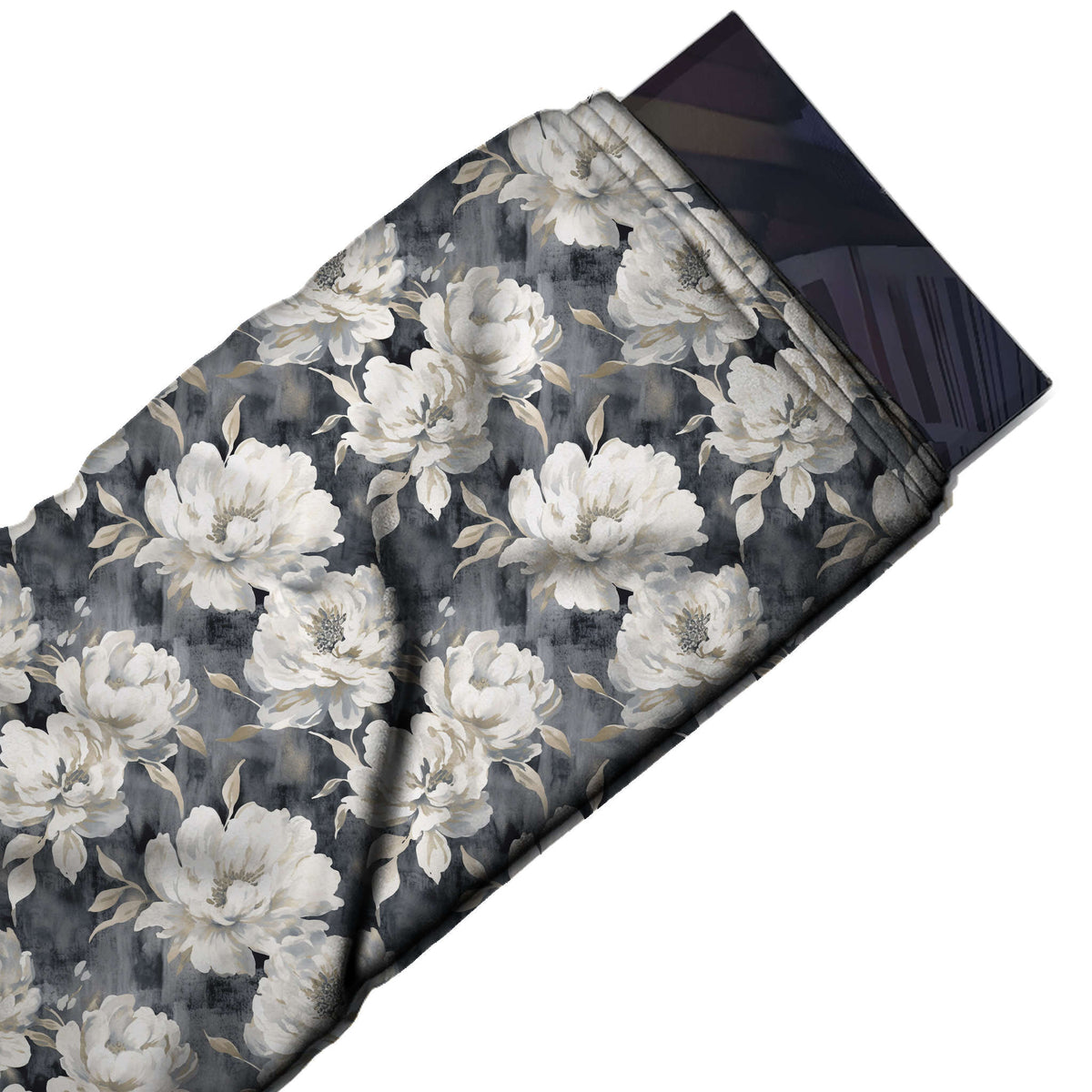 Flat fabric swatch: packed all-over floral of white peonies with pale leaves, design 3537, Clothwala