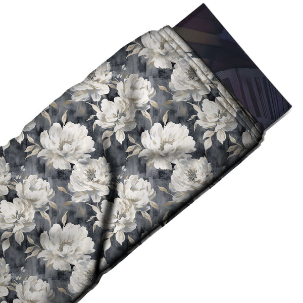 Charcoal Grey & White Monochrome White Peonies Printed Moss Crepe Fabric