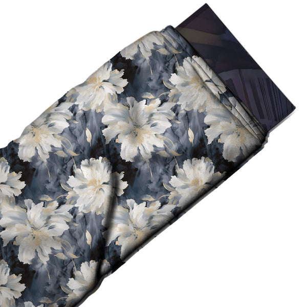 Charcoal Grey & White Painterly White Peonies Printed Moss Crepe Fabric