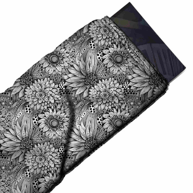 Flat fabric swatch: packed all-over floral of medium-large sunflower and dahlia heads, design Design No_4386, Clothwala