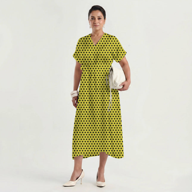 Acacia Yellow Black Polka Dot Print Fabric made up as a dress, design 20452, Clothwala