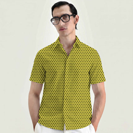 Acacia Yellow Black Polka Dot Print Fabric for men's shirting, design 20452, Clothwala