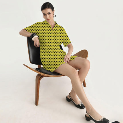 Acacia Yellow Black Polka Dot Print Fabric in 2026-27 trending womenswear, design 20452, Clothwala