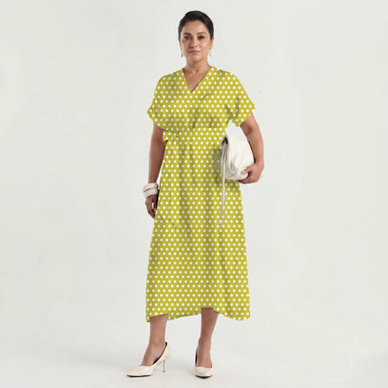Acacia Yellow Polka Dot Print Fabric made up as a dress, design 20439, Clothwala
