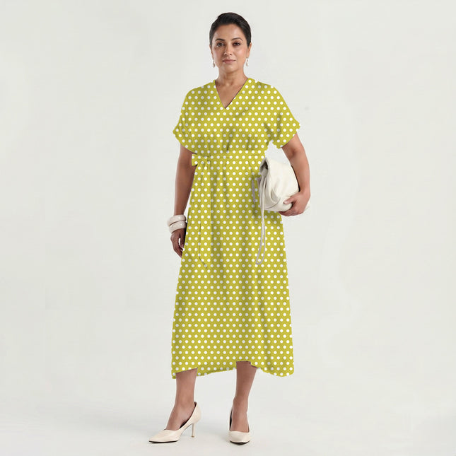 Acacia Yellow Polka Dot Print Fabric made up as a dress, design 20439, Clothwala