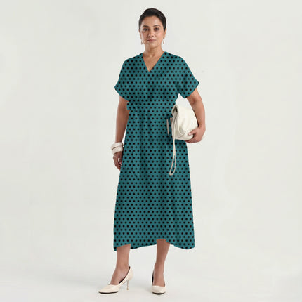 Alexandrite Teal Black Polka Dot Print Fabric made up as a dress, design 20470, Clothwala