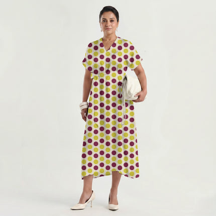 Amaranth Purple & Acacia Yellow Polka Dot Print Fabric made up as a dress, design 20488, Clothwala