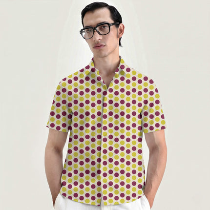 Amaranth Purple & Acacia Yellow Polka Dot Print Fabric for men's shirting, design 20488, Clothwala