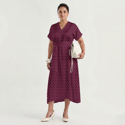 Amaranth Purple Black Polka Dot Print Fabric made up as a dress, design 20464, Clothwala