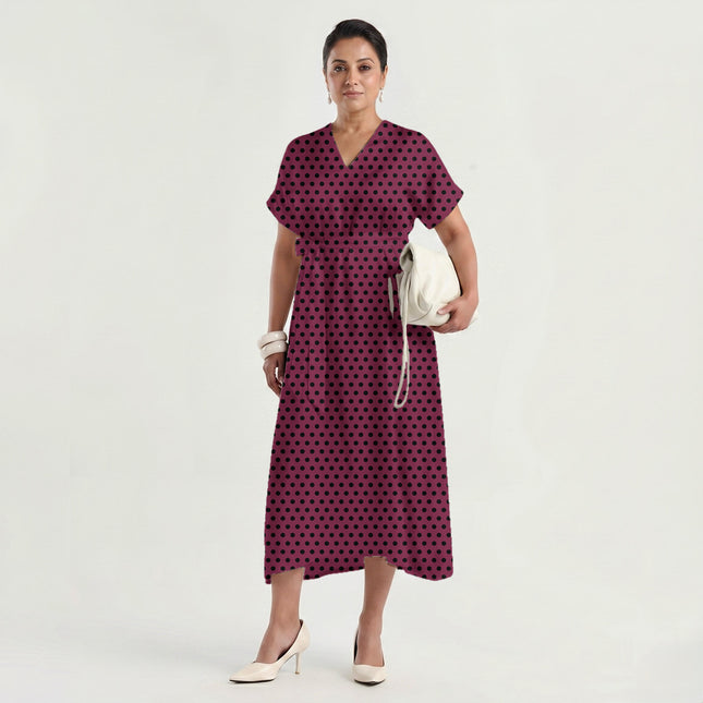 Amaranth Purple Black Polka Dot Print Fabric made up as a dress, design 20464, Clothwala