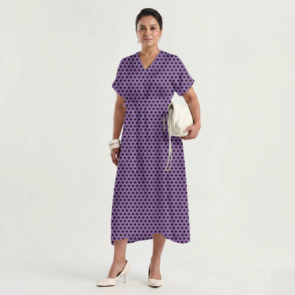 Amethyst Orchid Black Polka Dot Print Fabric made up as a dress, design 20465, Clothwala