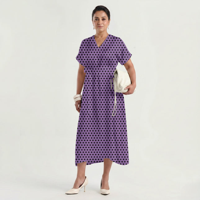 Amethyst Orchid Black Polka Dot Print Fabric made up as a dress, design 20465, Clothwala
