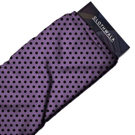 Amethyst Orchid Black Polka Dot Print Fabric — 2026 polka dot trend fabric, design 20465, Clothwala