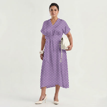 Amethyst Orchid Polka Dot Print Fabric made up as a dress, design 20431, Clothwala