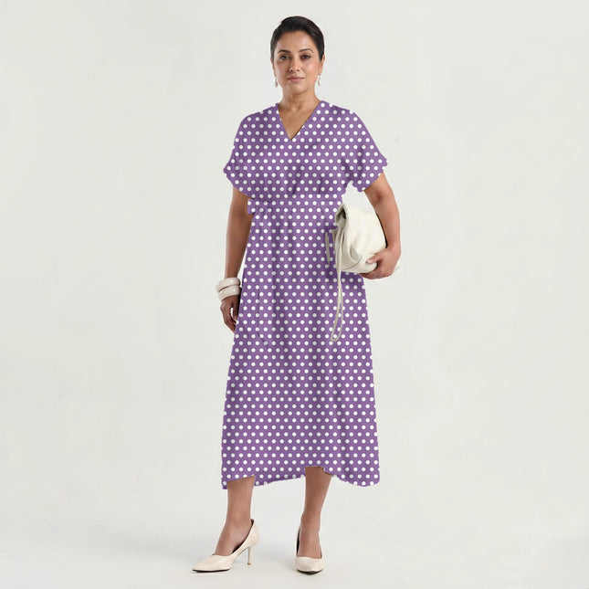 Amethyst Orchid Polka Dot Print Fabric made up as a dress, design 20431, Clothwala